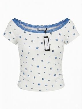 Discreet White Crop Top with Blue Floral Print and Lace Trim